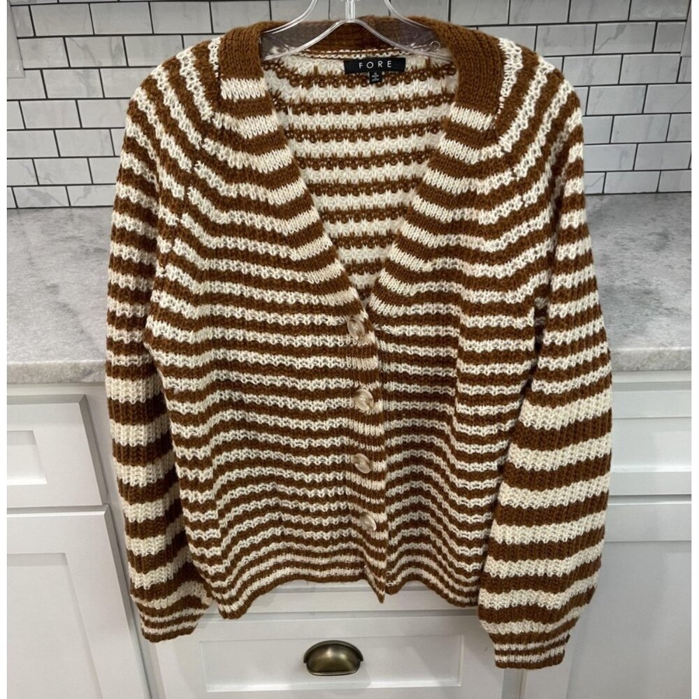 FORE Sweater Womens Small Brown White Striped Cardigan Button Bohemian Chunky‎